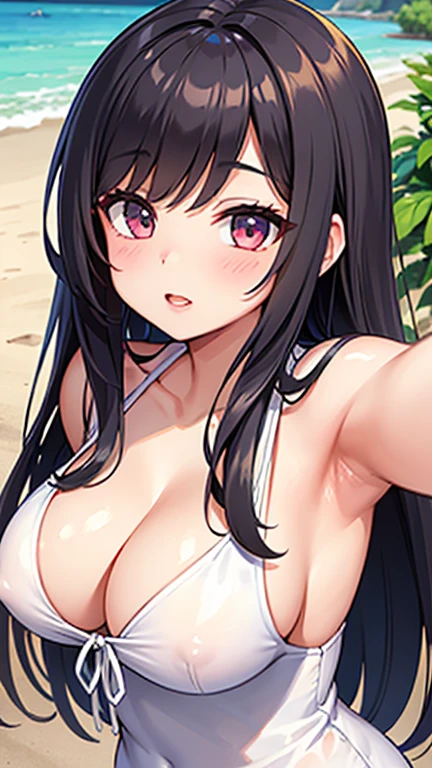 Upper Body、Oil、masterpiece、Highest quality、High resolution、Long black hair、Large Breasts、Completely naked、Nipples、Coastal、Beach、Naughty look、White and pink plaid bra、White and pink plaid panties、Bend your legs、woman'Face、Hot Face、A slightly troubled look、Sweaty skin、blue sky、Squat、Spread your legs、Underwear is visible、Embarrassing、Side Ponytail、Scrunchie