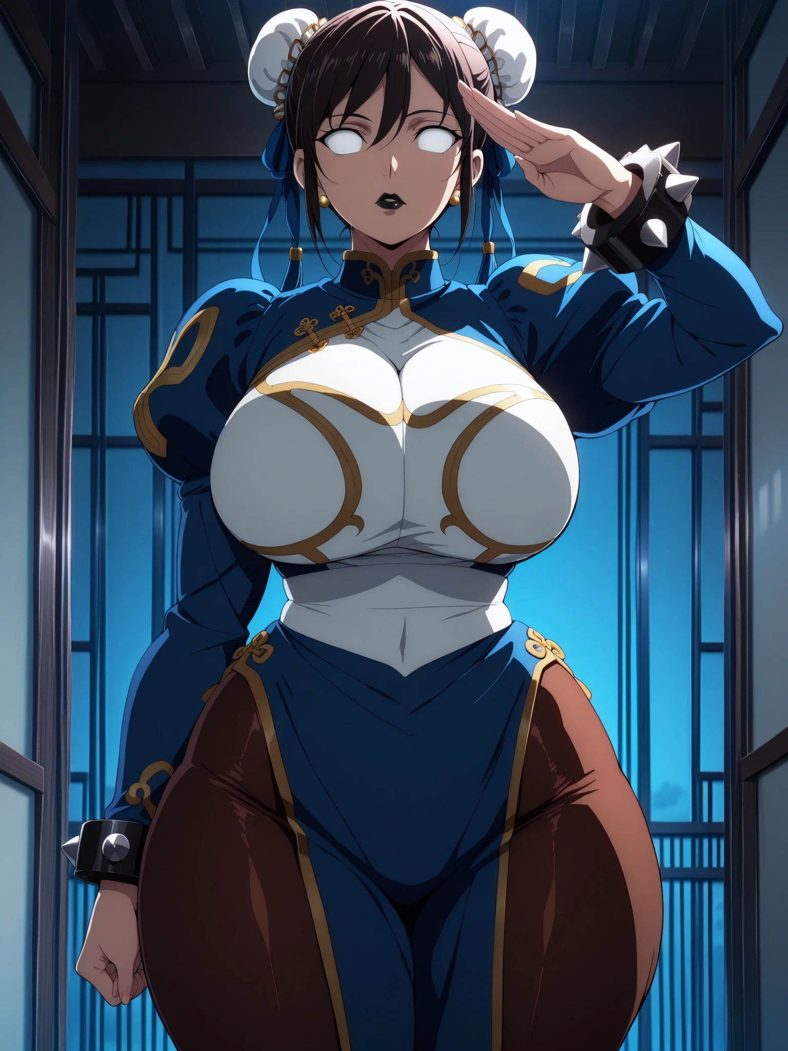 Satsuki Kiryuin, Satsuki Kiryuin from Kill-la-Kill, big breasts, voluminous breasts, curvy breasts, mesh stockings, standing with a katana, full height, bottom view, best quality, very detailed, ultra 8k resolution,huge breast, coat , vest, long skirt, portrait, full body, victorias clothing, long dress, knight, pants, black skinn suit, medieval city, plants, vest,polo shirt, forest, long skirt