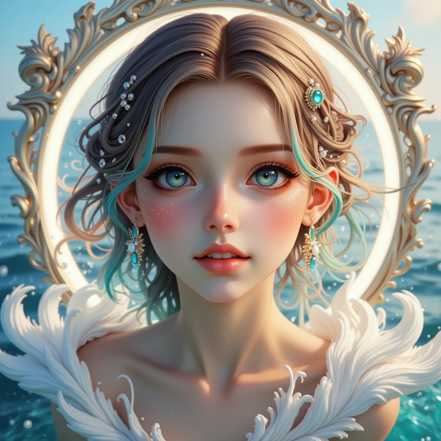 (Masterpiece, Top Quality, Best, Official Art, Beautiful and Aesthetic, Long Exposure: 1.2), Smooth Movement, Fascinating Patterns, 1 Girl, Adult Russian Woman, Freckles, Jade Eyes, Black Lob Hair, Portrait, Solo , upper body, gaze at observer, detailed background, detailed face, (crystallineAI, crystalline theme:1.1), elemental water sprite, spinning water, controlling water, fantasy magician clothes, dynamic pose, floating particles, ethereal dynamics, water , steam, ocean in the background, blue tones, coast, ethereal atmosphere,