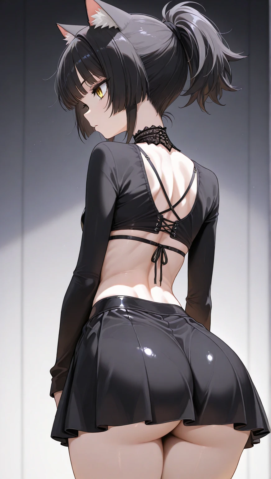 black negligee, short shorts, collarbone, masterpiece, best quality, highres, dark persona, watercolor painting theme, rear view, (looking at the viewer: 1.1), wide hips, big ass, tojou koneko, yellow eyes, white hair, short hair, hair ornament, striped shirt, black neck ribbon, rear view