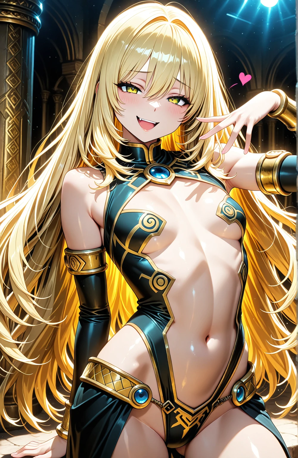 masterpiece、top-quality、ighly detailed、hight resolution、16k、fullnude、teats、Teetoob proportions、elvishの女の子、golden armour、Very thin skirt、Black pants、Very white skin、Beautiful fingers、Anime girl with very big breasts posing naked、Perfect Style、elvish、no-bra、Blonde blue-eyed、A smile、slim the contours