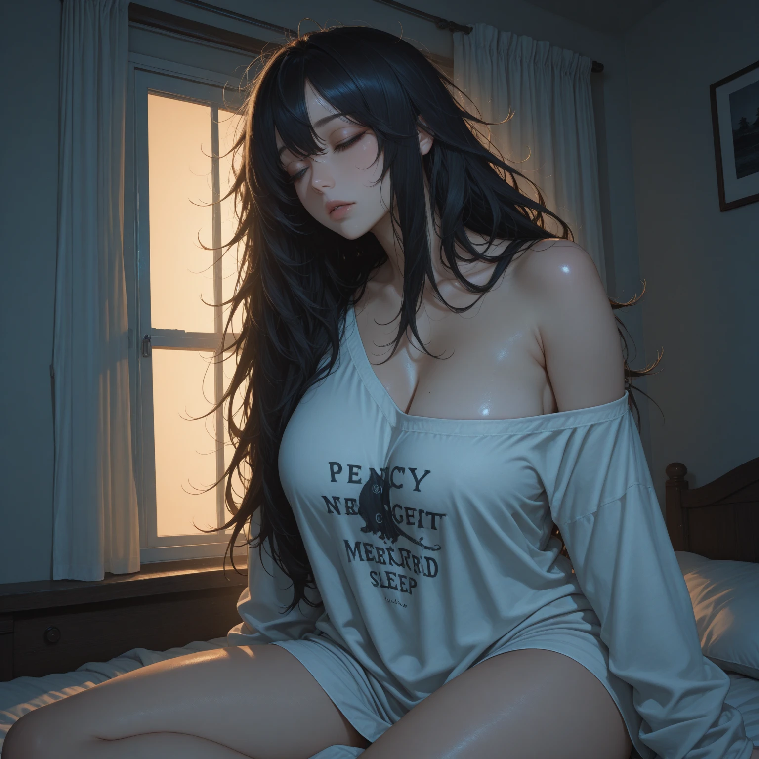23 year old armenian woman in queen sized bed, nude, posed sexy, comfy feeling, soft blanket, brown blanket, warm soft light, candle light, candles on dresser, wood bed frame, soft mattress, brown straight hair, chocolate brown eyes, pale skin, soft white skin, red lips, huge breasts, athletic, voluptuous body, wide hips, small waist, long nipples, detailed back ground, dslr camera, portrait mode, soft glow, black bed sheets, fluffy blanket, hyper realistic, dreamy, perfect face and body, modern house walls, carpeted floor, beige carpet, medium shag carpet, hyper detailed, extreme image sharpness, intricate details, small things on shelves, old house, top quality, beautiful face, 8k, real skin, detailed eyes, laying on bed, spread out on bed, looking at camera, look of longing, facing camera, massive breasts, laying face up on bed, very small waist, full picture, entire scene, very long nipples, tiny waist, huge hips, gigantic breasts, abs, super small waist, hourglass body, perfect anatomy, shaven vagina, masterpiece, dim candle light, night-time, dark, gargantuan tits, hanging breasts, massive ass, laying down