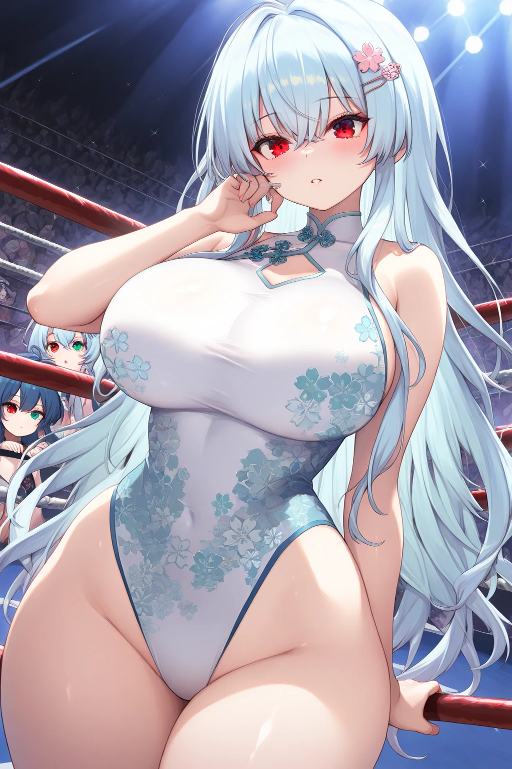 (masterpiece:1.2, best quality:1.2, beautiful, high quality, highres:1.1, aesthetic), detailed, extremely detailed, ambient soft lighting, 4K, perfect eyes, perfect face, perfect lighting, 1girl, long hair, solo, Aqua, kono subarashii sekai ni shukufuku wo 1girl, blue eyes, blue hair hair ornament, hair rings, solo, huge breasts, huge ass, huge thighs, narrow waist, wide hips, thick thighs, curvy, cleavage, naked, nude, arms in at fighting stance,, looking at viewer, boxing ring, simple background, (best quality), ((masterpiece)), (highres), original, perfect female body, perfect breasts, perfect hips, perfect anatomy perfect hands, extremely detailed wallpaper,shiny, chromatic aberration abuse, vivid color, (highly ultra detailed face and hair and skin and eyes and finger and background and hair:1.2)
