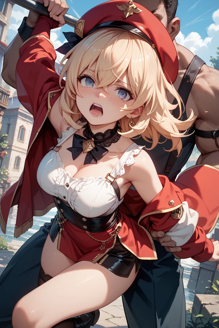 ((highest quality))、((very detailed))、((detailed eyes、deep eyes))、fanny packing、1 girl、anime style、(satella、serious、(blonde hair)、long hair、cowboy shot、red dress、brown cross lace shoes、cleavage、blackいリボン、clothing clippings、juliet sleeves、black_thigh strap)heterosexual、penis、breast、nipple、sex、stomachの膨らみ、vagina、1 boy、hair band、testis、nude、非常にlong hair、belly button、big insertion、restrained、巨大なpenis、solo focus、blush、raise your arms、pussy、大きなpenis、to be tied up、big breasts、armpit、monster、bondage、Sweat、Lock、size difference、後ろからのsex、bondage、stomach,(lactation through clothes:1.1),nipples standing,(nipples peek:1.4)、(nippleが見えている、big areola),(big breasts:1.3、shiny skin:1.5、blush)