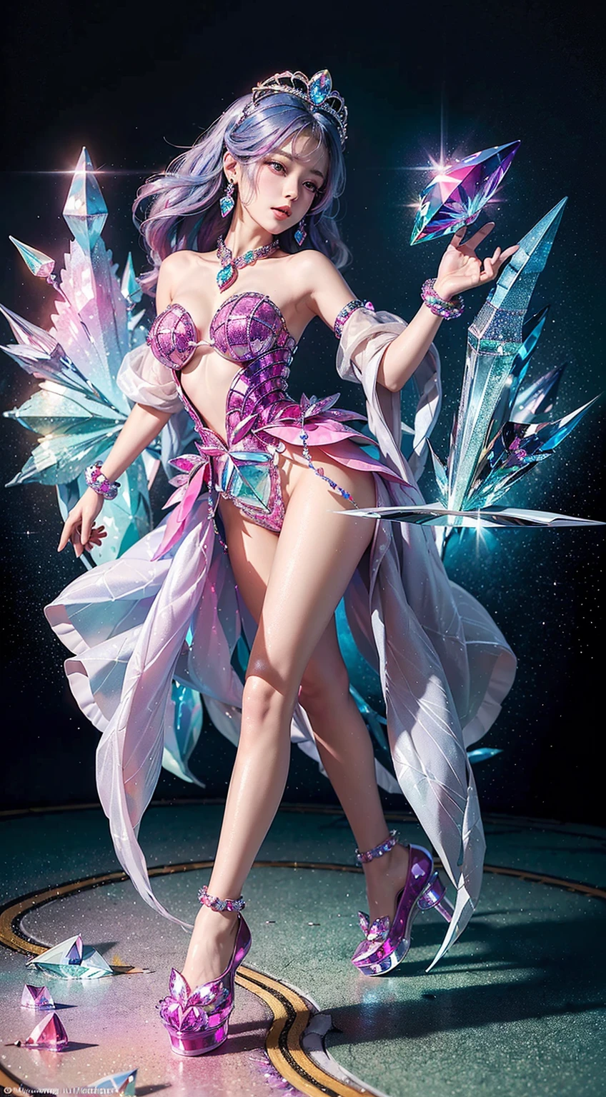 cute  (Masterpiece), (Best quality), Extremely detailed, illustration,  ((1girll)), (colorful crystals:1.5),(Wear crystal shoes:1.5),(colorfulhair:1.2),(Colorful dresses),High chiaroscuro,(full bodyesbian:1.5)little girl baby baby chibi smiling gently sparkling light rainbow wings
