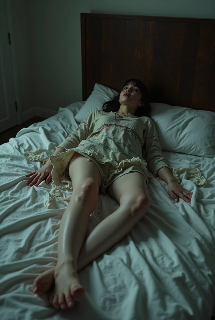 (body selfie), lying in bed, darkness, nightime, pink pjs, shorts