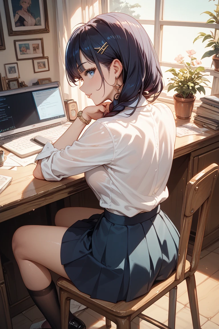 ((masterpiece)),(best quality),(detailed),(1girl),  green hair, green glowing eyes, Updo, white shirt, black skirt, looking down on the viewer, sexy, butt to camera