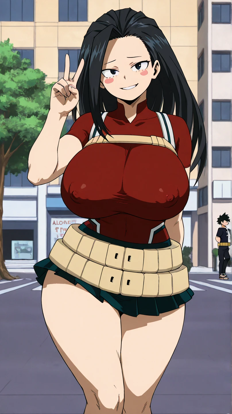 (yaoyorozu momo),(Black Hair)、(ponytail)、(red tight clothes),(HeroAcademia)、(True to prompts)、(upscale)、(Glaring with sharp eyes)、(Super big breasts),(Busy Street)、((Large crowd))、(sunny)、(blue sky)、(Best lighting)、{{{Browsing Caution}}}、{{{masterpiece}}}, {{{Highest quality}}}, {{ultra-detailed}}, {{shape}}, {{{Very delicate and beautiful}}},{{extremely detailed CG}}、{{unity 8k portrait}}、{{Fabric Shading}}、{{super detailed skin}}、{{Perfect Anatomy}}、{{detailed}}、{{Dynamic Lighting}}、{{{beautiful detailed eyes}}}、{{{beautiful detailed Face}}}、(Perfect Legs)、(Perfect breasts)、(Perfect pose)、(Perfect body)