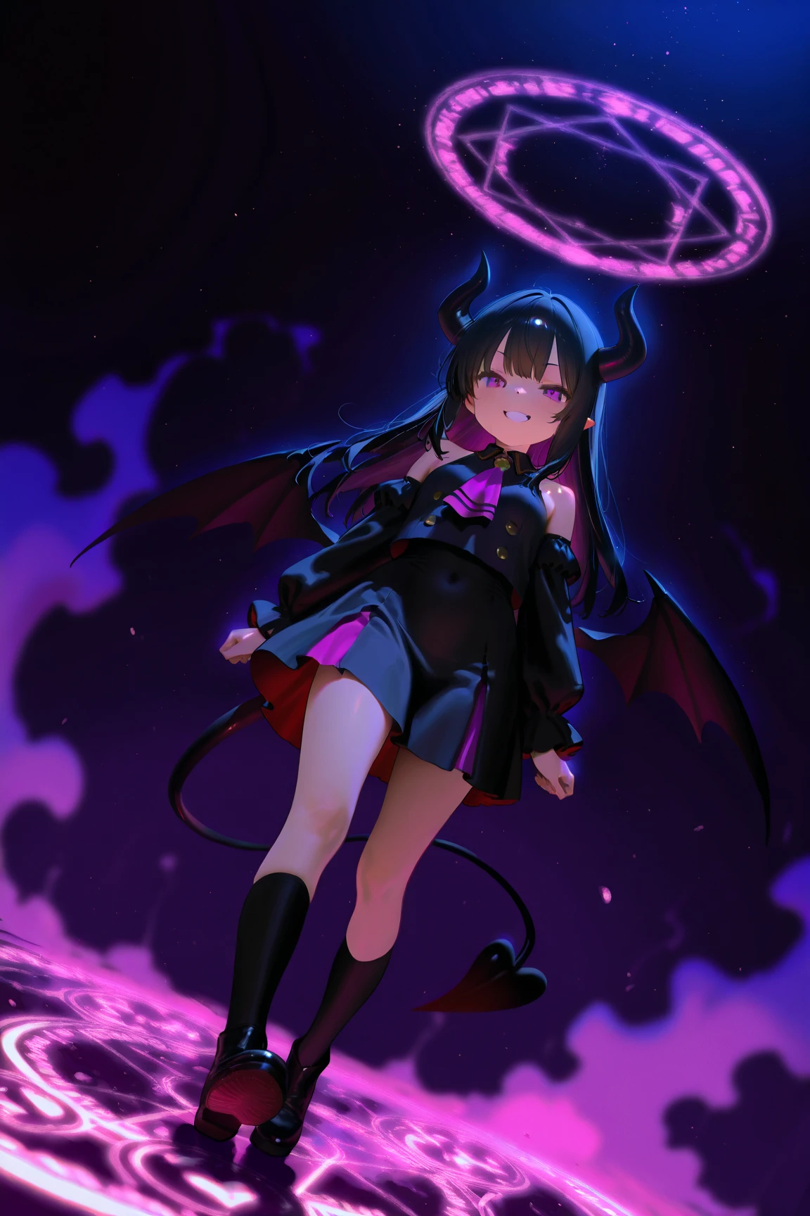 High Accuracy Selection、top quality、A magic circle is drawn on the ground、a girl is standing in the center、5 YEAR OLD GIRL、short、black hair、Black Devil Wings、black devil's horns、Black Devil's Tail、cute、evil smile、purple fog and black fog are mixed to envelop the girl。from below