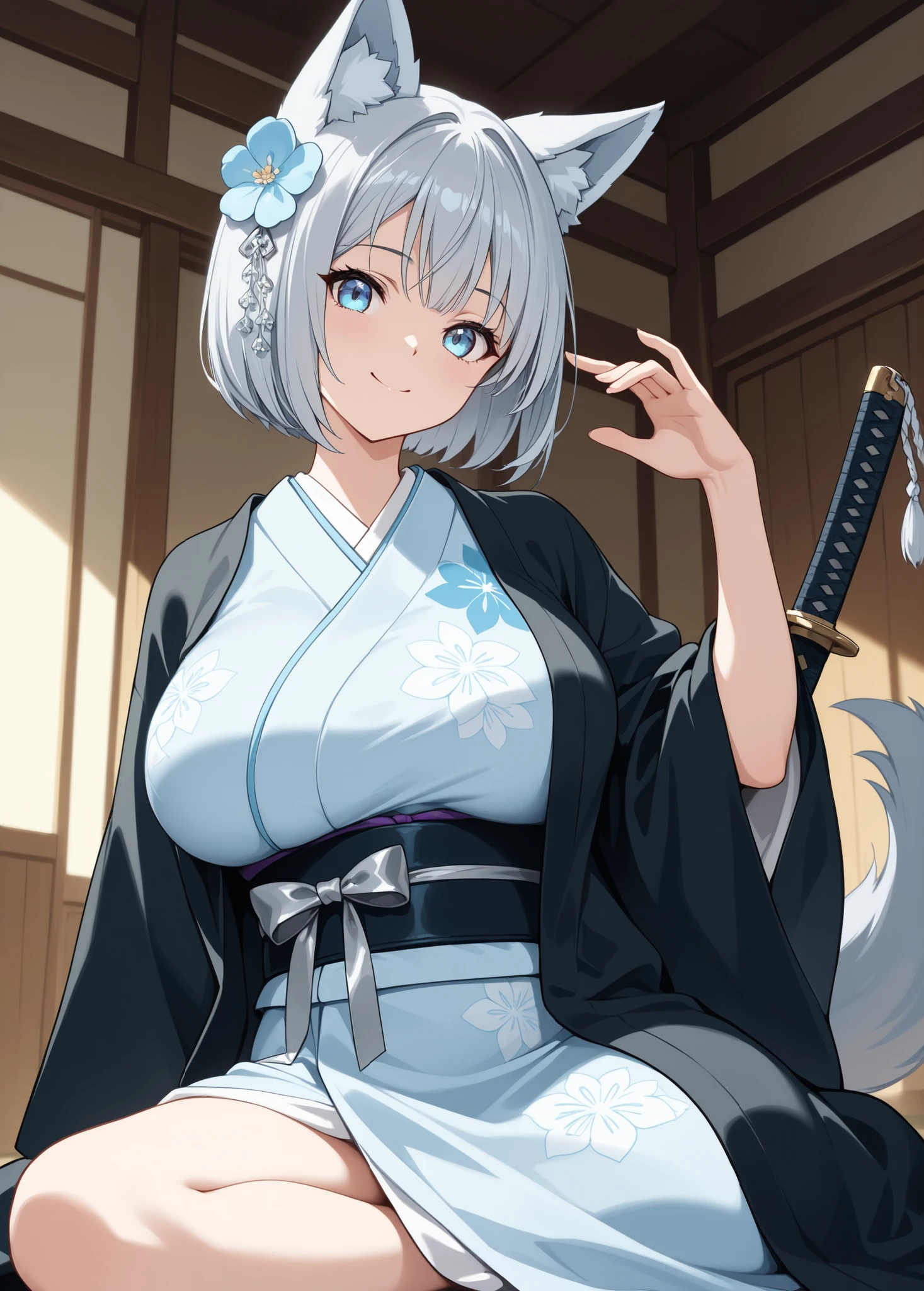 katana style, girl, ((masterpiece, Silver Hair, big wolf white ear, wolf tail、light blue eyes, bob cut, smile)), ( light blue flower Kimono, black haori, Silver ribbon hair ornament), big breast, inside village
