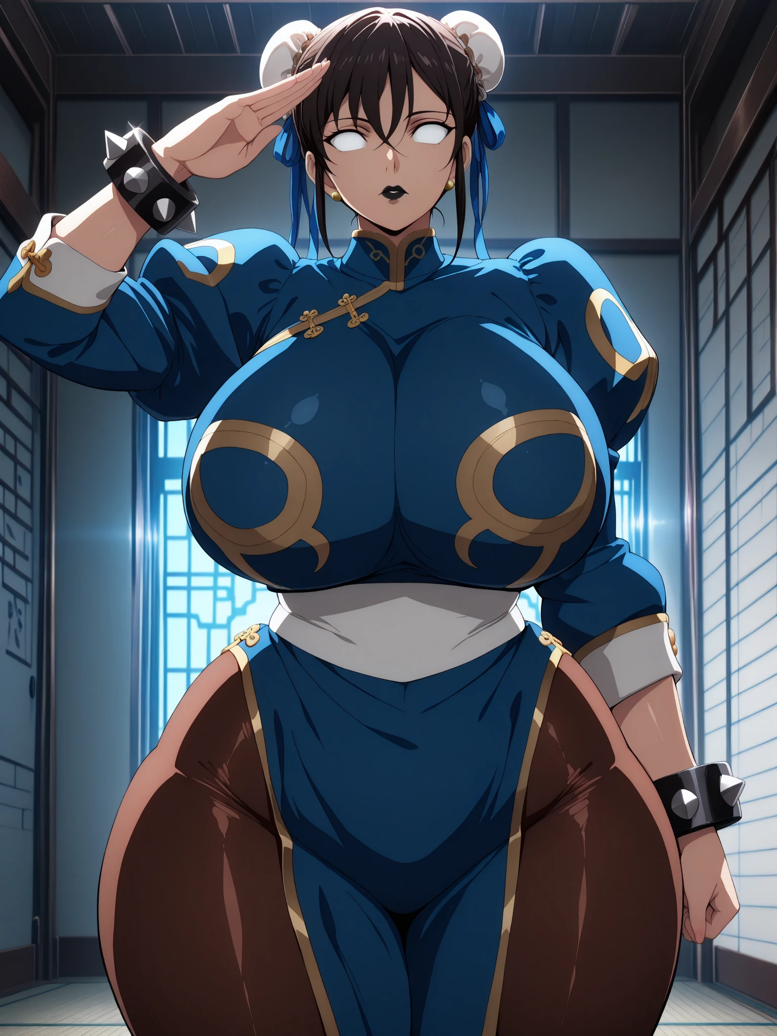 Cleopatra with extreme muscular body, gigantic muscular arms, gigantic muscular tights, ninja outfit, fair skin, black hair with ponytail and gigantic breasts.