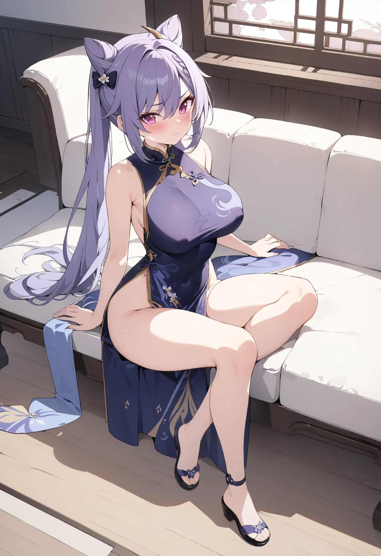 Anime style. Girl. A world of swords and sorcery. White underwear. Miniskirt. Milking. Sitting and taking her panties off.
