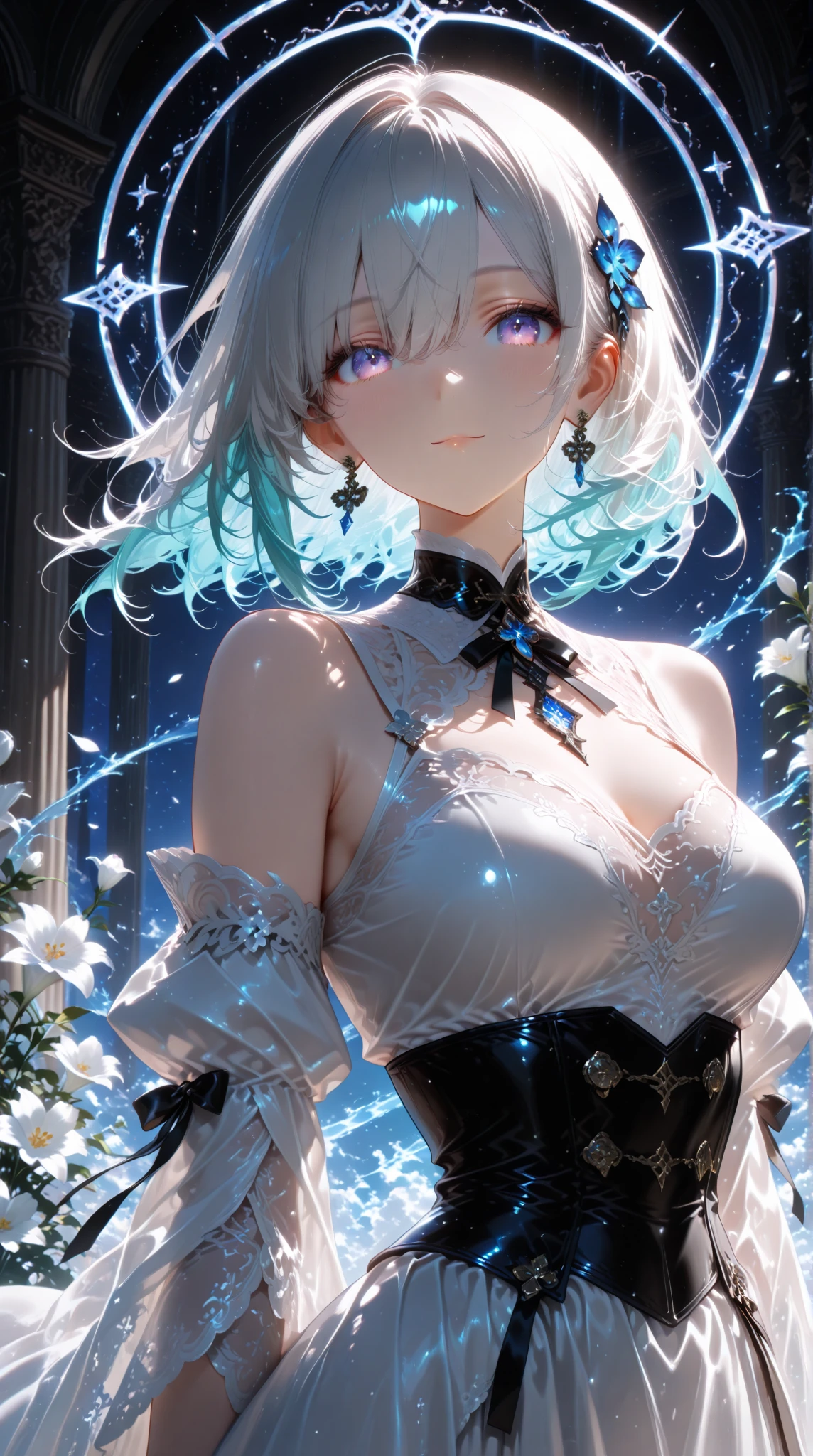 (((1 person))) ((High resolution Gray Hair short hair shoulder)) ((Black Band Lonely despair blue eyes)) moon star nude chest clothes open beautiful girl