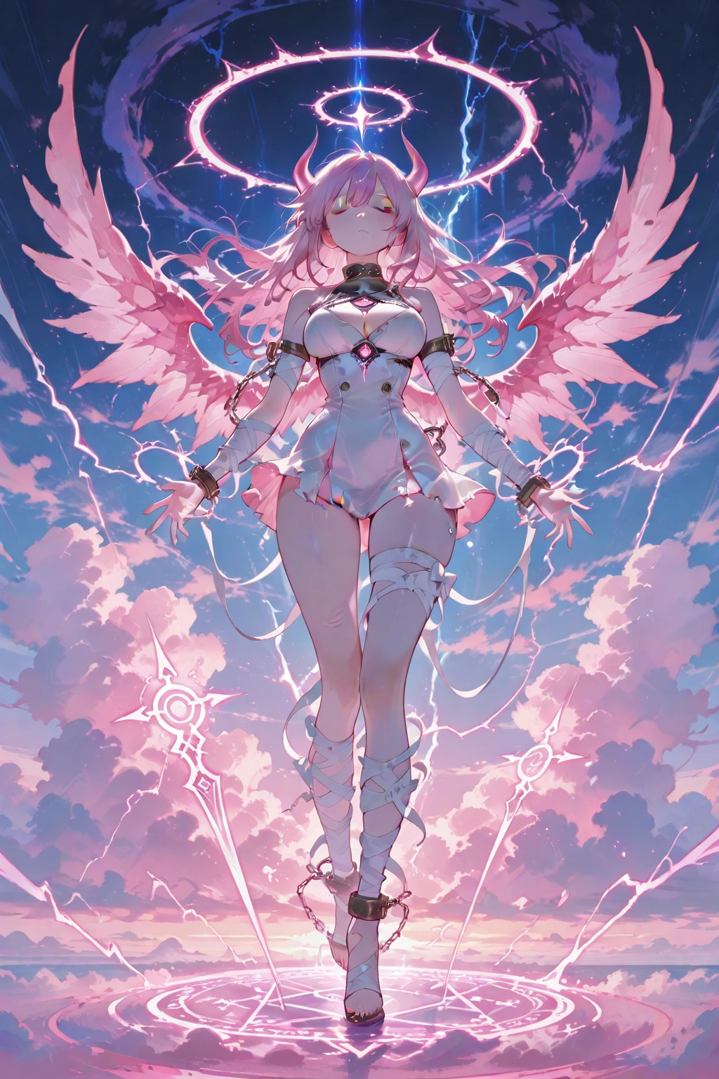 ink and wash, rough ink sketch, full color, noon, blue sky, clouds, scenery, "at the Prismatic endless Scriptorium", 1girl, woman, (dilapidated Casino:1.3) cute succubus, wings, full body, cameltoe, [:creative, wild costume design,:0.2], bombshell hair, pink hair, Floor Length Hair, slim figure, narrow waist, tight ass, medium breasts, caucasian<lora:EnvyInkAndWashXL01:0.8>