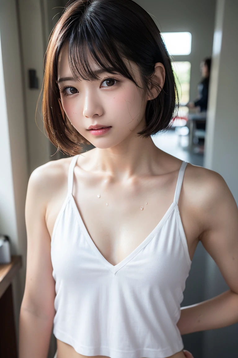 Highest quality, masterpiece, Ultra-high resolution,8k, (Realistic:1.6), (Close-up portrait:1.4) RAW Photos,((Omotesando Station))、 ((Nipple erection)),((Bikini baseball shirt,Pleated mini skirt)),((Nipples seem to be visible)),((Full body photo)),1 person,Omotesando,A slim 26-year-old adult woman,(Full of smiles, )) ,((Pixie cut and cap)),((New Era Cap)),((Looking up at the audience)),Face Focus:1.4,((Shooting from above with a fisheye lens:1.4)),