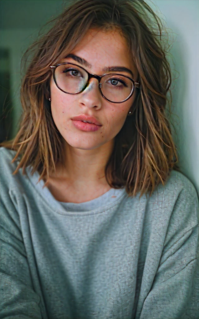 B&W photo, masterpiece, Humanity, Charming chubby Russian fashion model 22 years old with aesthetic small breasts, round face, round cheeks, round chin, beautiful proportional small wide nose, dark brown eyes, long eyelashes, Sarcastic Look, glasses with lenses, plump sensual lips, ironic one-sided half-smile, very tousled dark brown tousled short hair, spiky tousled hair, white cotton button-down shirt, gray background Portrait-Medium plan