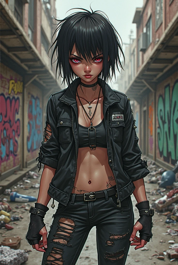 Hatsune Miku、adult、shirt、Pleated skirt、blunt bangs、Gothic、Step Piece, Best Quality, Best Illustration, Ultra-detailed,girl, crazy baddie girl, Cool Black Open Short Jacket, neck tattoo, Messy Fade Cut Hair, Side braided hair,Crazy, standing with an eerie feeling, abandond street graffiti wall background,knee high socks, quirky sneakers, Eyeshadow on the eyes,unusual colored eyes, Eyes of fear, vivid eyes, cool shot