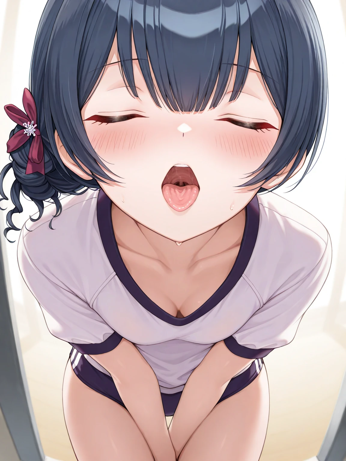 1.woman, left eye closed, right eye closed, throat examination, close up of mouth, no hands blowjob, fellatio, licking a stick, shining a light on throat, naked, no panties, detailed face, hands on own legs, open mouth, tongue out, cute nipples, embarrassed, black hair, black eyes, short hair, from the front, embarrassed, blushing, looking slightly up, hospital, sitting on a chair, examination 1.male  (Semen on tongue:1) (Cum in mouth:1) Throat