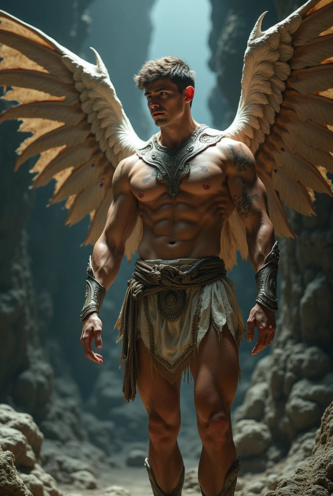Photorealistic, ((best quality)), ((masterpiece)), (detailed), walking towards the camera, perfect face, masculine portrait , personification, (evil look), super pale skin, (massive huge majestic black angel wings:1.5), black dragon horns, 18-year-old, super male model, handsome, tall, cute looking, strong jawline, square jawline, evil look, dark look powerful, young male model, handsome mythical creature, super strong, muscular, fit, massive muscles, six pack, clean shave, light blue eyes, short dark brown wavy messy hair,short messy hair, short messy wavy hair, shirtless, barechested, muscle, ripped, strong body, fit body, ancient linen Greek small skirt, antique black linen raped cloth skirt, Dark background, 8k, high detailed, ultra-detailed, Stylish Pose, real skin texture, dark cinematic lighting, (black dark gothic cathedral ruins:1.4), ruins, puddled floor
