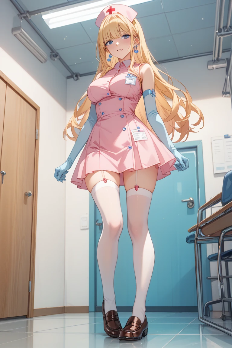 ((masterpiece、top quality、Very Detailed))、One Girl、Blonde、long hair、、transistor glamor、Embarrassing、light blue eyes、earrings in the picture、Nurse clothes、（（pink））((sleeveless))、（（thin transparent fabric））、（（tight miniskirt））sexy underwear、thigh high socks、long gloves、shoes（（loafers））Bright hospital room、Full Body、perfect hands、Composition viewed from below