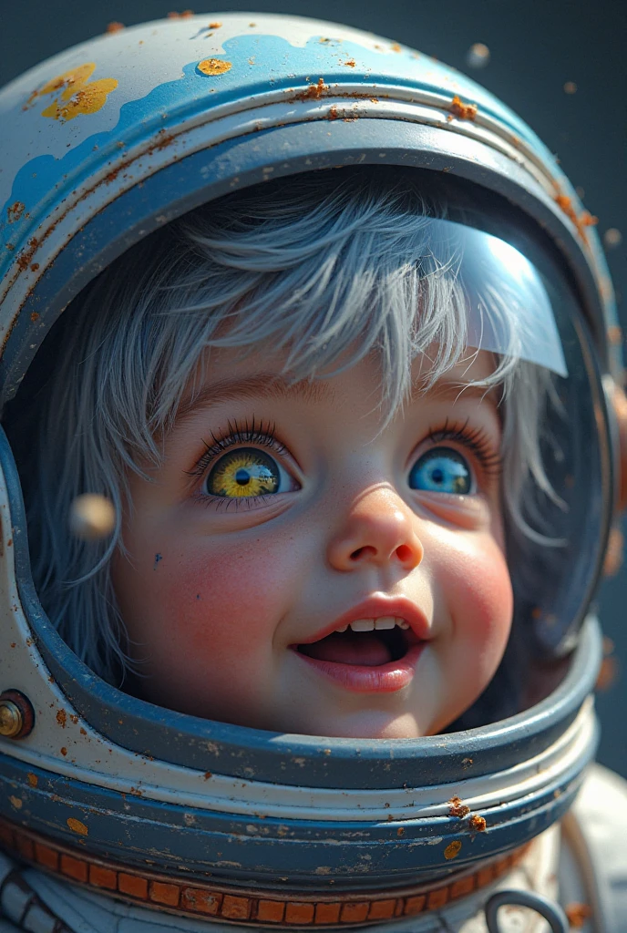 Happy eyes, beautiful, chubby, austronaut girl child, pink hair, short hair, toy style, american advertising poster, bloom, framed, bokeh, Hasselblad, Eye-Level Shot, 16k, 16k, super detail, high quality, award-winning, high details, masterpiece