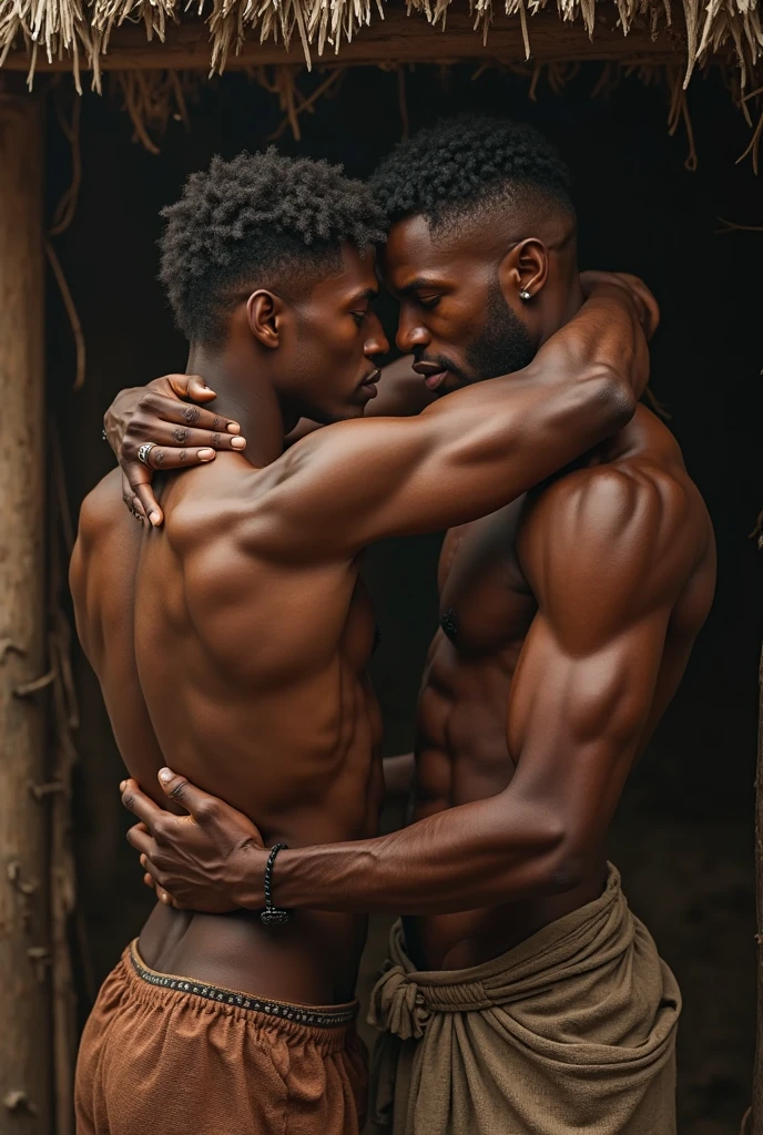 Gay man with ass and thigh, hugging a shirtless, muscular black man.