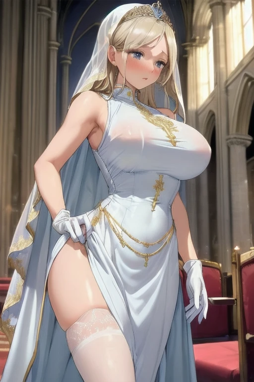Miss((20 years old)), hair((Black)), Eye((smart Eye, Black)), clothing((White lace, White wedding dress, Wedding dress)), hair bun, Headdress, veil, bouquet, huge , (((Large Breasts、Breast sagging、Low-cut,Cleavage ,Wide hips,)))((Long legs)),Hourglass figure)), Smile, Korean makeup, bold makeup, white church, wedding in church,