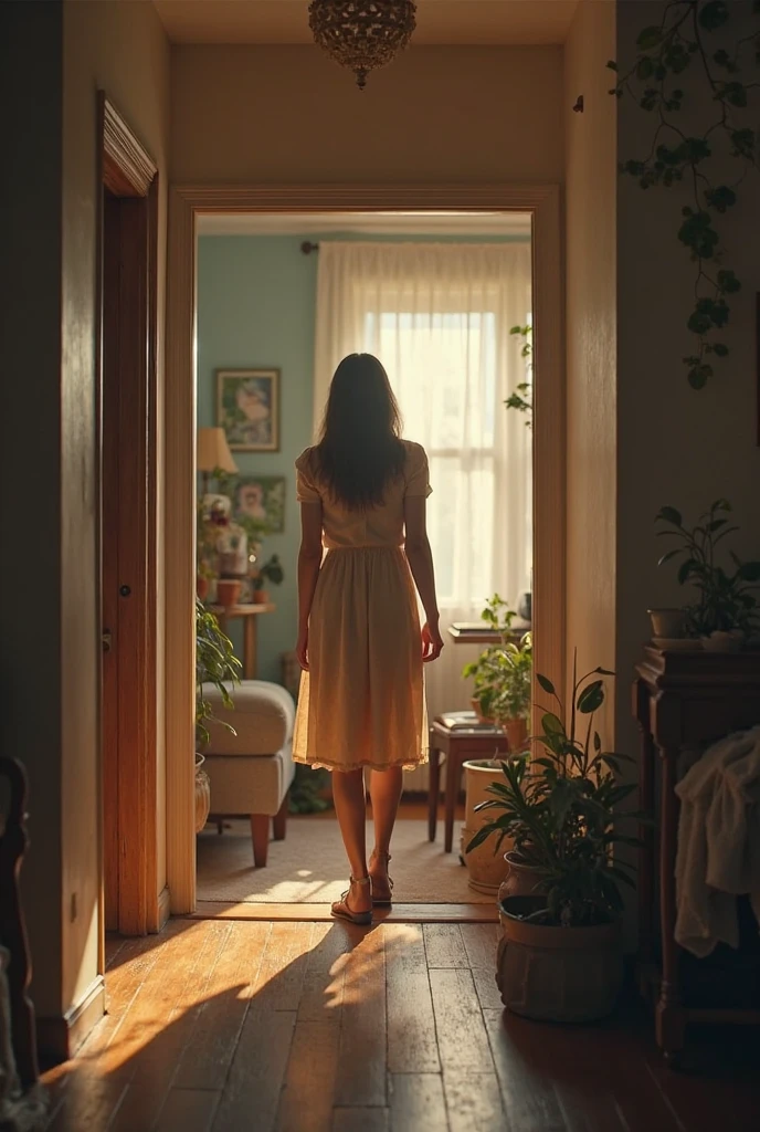She has an aloe vera plant hanging behind a door. 