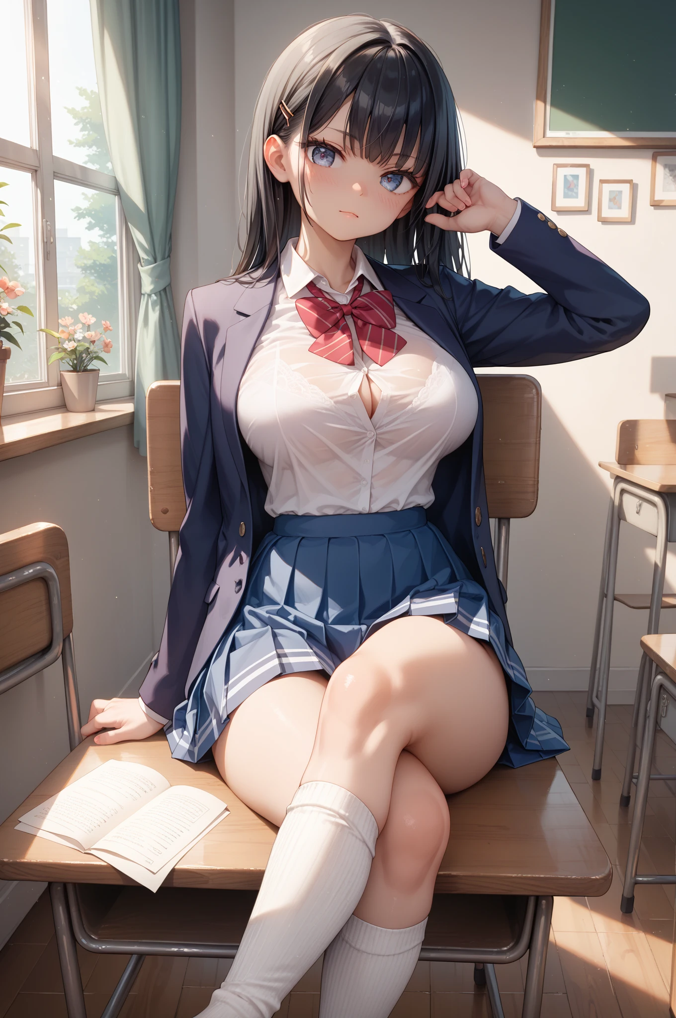 ​masterpiece、top-quality、White T-shirt with blue line on cuffs、Dark blue shiny bloomers、A dark-haired、Side tail、White tights、small tits、Nipple emphasis、full of sweat、flushing、Ecstatic smile、place々Sweaty and see-through、Full body like、watching at viewers、legs raised high、Opening your mouth、tohsaka-rin、Evening Classroom