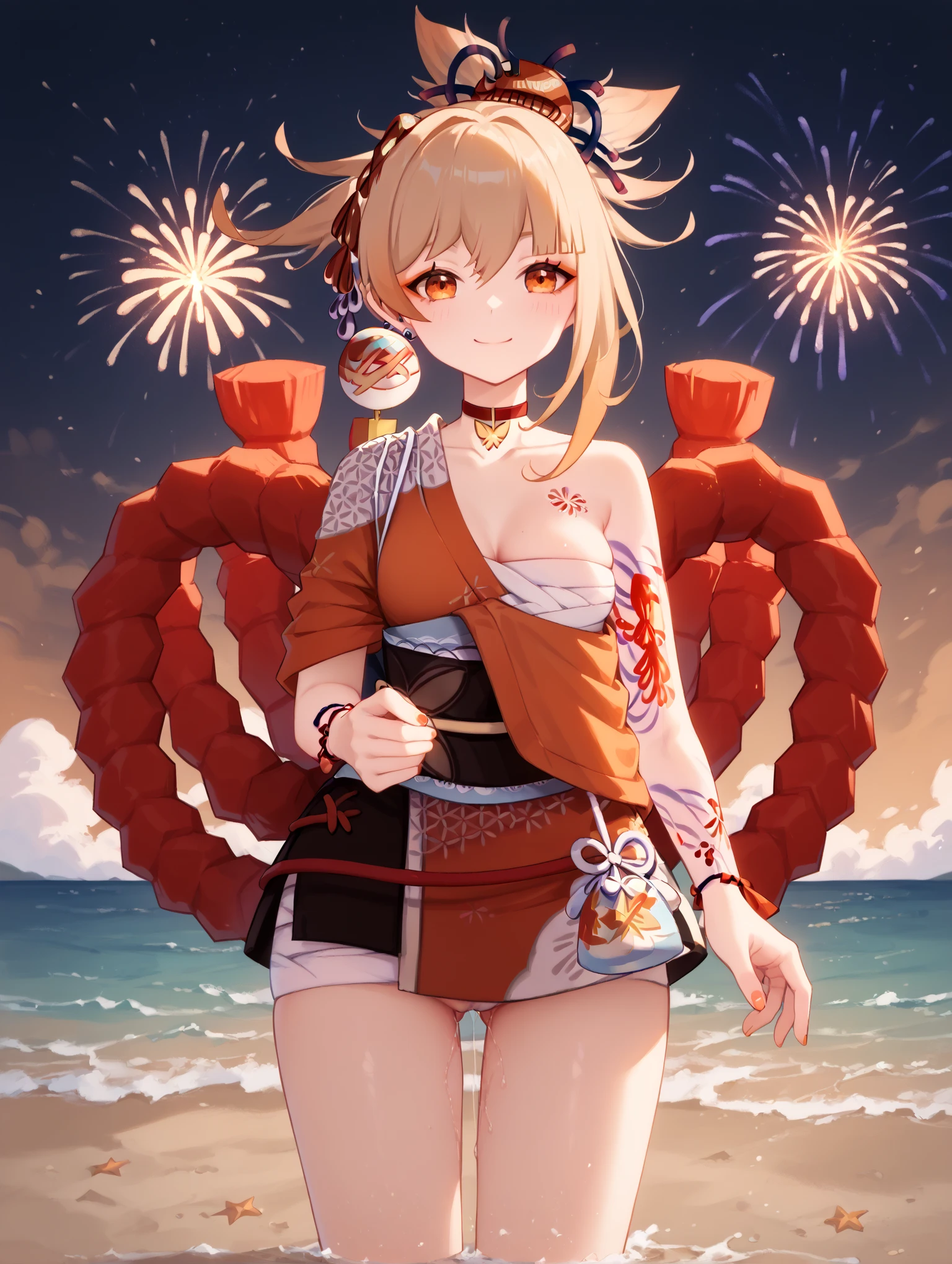 best quality, masterpiece, highres, solo, {night:1.10}, {starry sky:1.10}, beach, beautiful detailed sky, {extremely detailed background:1.20}, {yoimiya_genshin:1.15}, {standing:1.10}, looking at viewer, {bikini:1.30}, blonde_hair, bangs, hair_ornament, ponytail, breasts, smile, tattoo, yellow_eyes, arm_tattoo, chest_tattoo, orange_eyes, sarashi, cleavage, bandages, hair_between_eyes, rope, shimenawa, blush, light smile