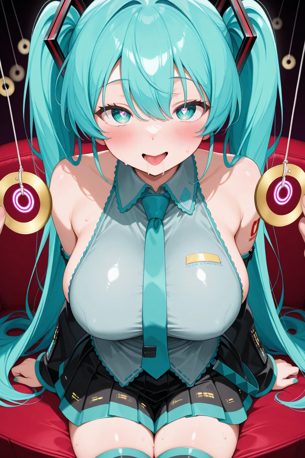 Hatsune Miku sitting on a plush velvet sofa, her curves accentuated in a revealing, form-fitting outfit. Her huge, luscious breasts spill out from the top, leaving little to the imagination. Sweat glistens on her skin, making it shine under the cinematic lighting. Her left leg is propped up on the sofa, knee bent, giving a provocative glimpse of what lies between her open, spread legs. The realistic detailing of her body and face leaves nothing to be desired, every curve, every pore, every freckle meticulously rendered. The focus on her lower half leaves no doubt as to her intent, her vagina exposed for all to see in this