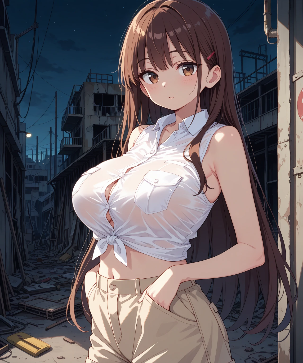 (((destroyed town, collapsed school))), front view, brown hair, brown eyes, medium breasts, {{{wearing chest sarashi}}}, (torn clothes), bottomless, show off pussy, disdain, contemptuous, disgust, scared, cry, skyporn, Nipple Tweaking, Areola, perfect nipples, puffy niples, nipples through, ((best quality)), spread pussy, sexual fluid, pussy juice, drooling, dirty skin, bare nipples