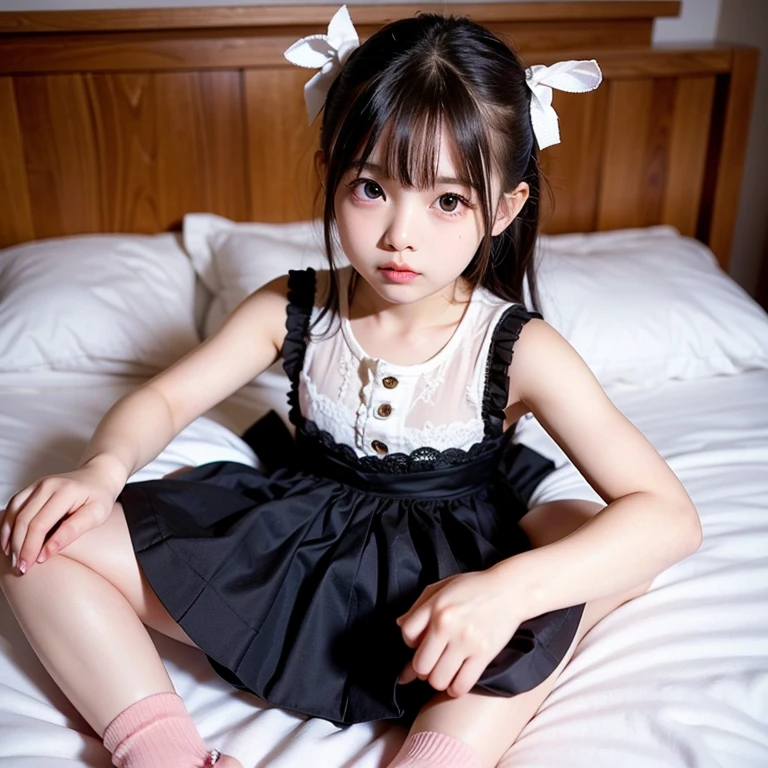 8k,Japanese,6 years old,innocent face,teenage girl,cute,summer clothes,everyday wear,sitting,black hair,on the bed,coastline,hair clip,night view,starry sky