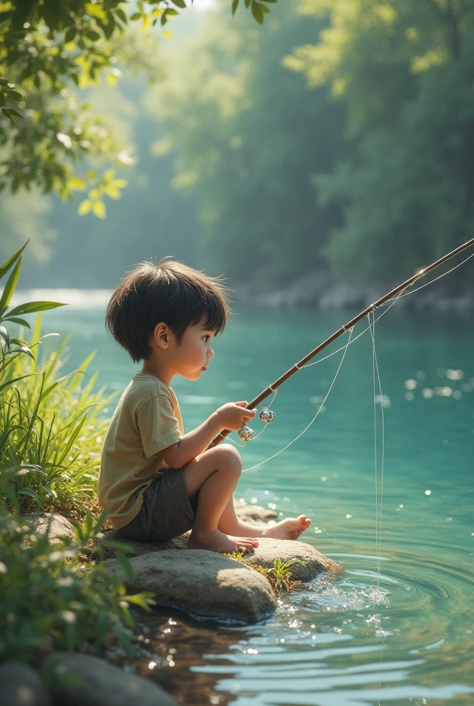A  12 years cenamatic boy is picking Fish  from a pond with net