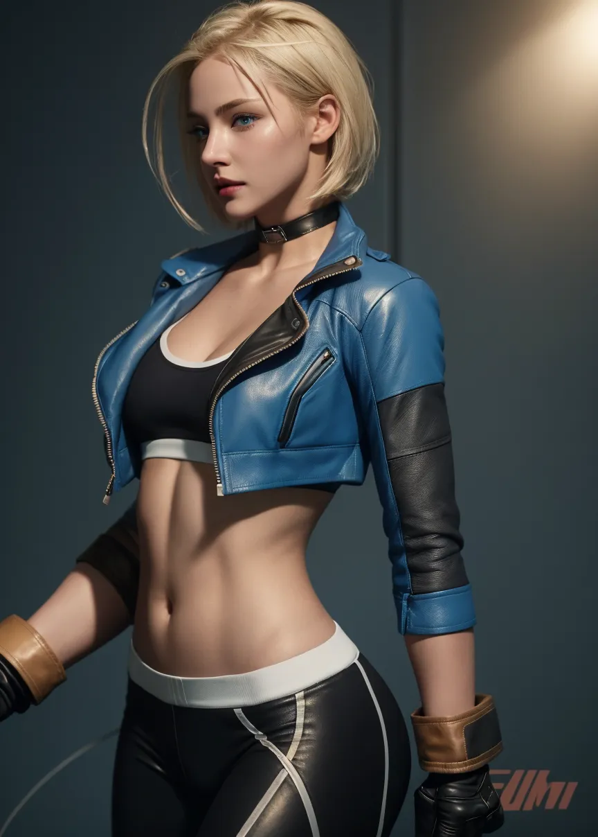 ((highest quality, 8K, masterpiece: 1.3)), fine eyes, double eyelid, solo,a girl,(1 girl), (scar on left face), (28 years old, sexy mature), (vest line, thin waist, buttocks), (blue jacket), ((big blue eyes, long eyelashes)), ((pout)), ((solid nose)), (realistic skin details), detailed face, best light, best shadow, edge lighting, ray tracing, unreal engine 5, (Cammy White from Street Fighter 6, Game CG character modeling)), beautiful shining hair, (((dark gray tights))), muscular, collar, abs, (hard in the middle of the chest), (leg muscle lines), (Sitting in front of the bar counter with his back to the camera, profile, noisy bar)) NVIDIA RTX, super resolution, unreal 5, Scattered beneath the surface, PBR texturing,Post-processing,anisotropic filtering,Depth of the bounds written,Maximum clarity and sharpness,multilayer texture,Albedo and specular maps,surface shading,Accurate simulation of light-matter interactions, perfect proportions, octane rendering, two-tone lighting, wide aperture, Low ISO, White balance, Rule of thirds, 8K RAW, Elevation