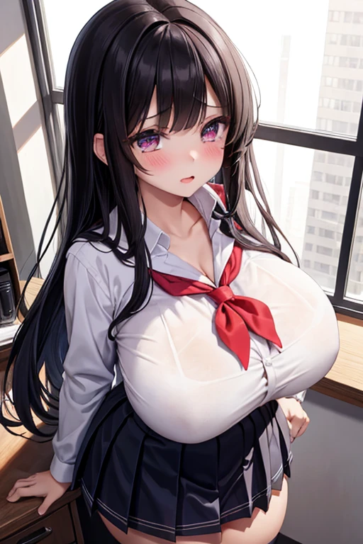 1girl with black hair, bangs, two pigtails, long hair, billlie tsuki, , girl at school, 18 years old, 19 years old, japanese, japanese school, school background, cute face, round face, big eyes, eyes anime, she is sitting at her desk, big breasts, shy, big tits, masive cheast, chubby, huge tits, white shirt, her breasts are the size of two watermelons
