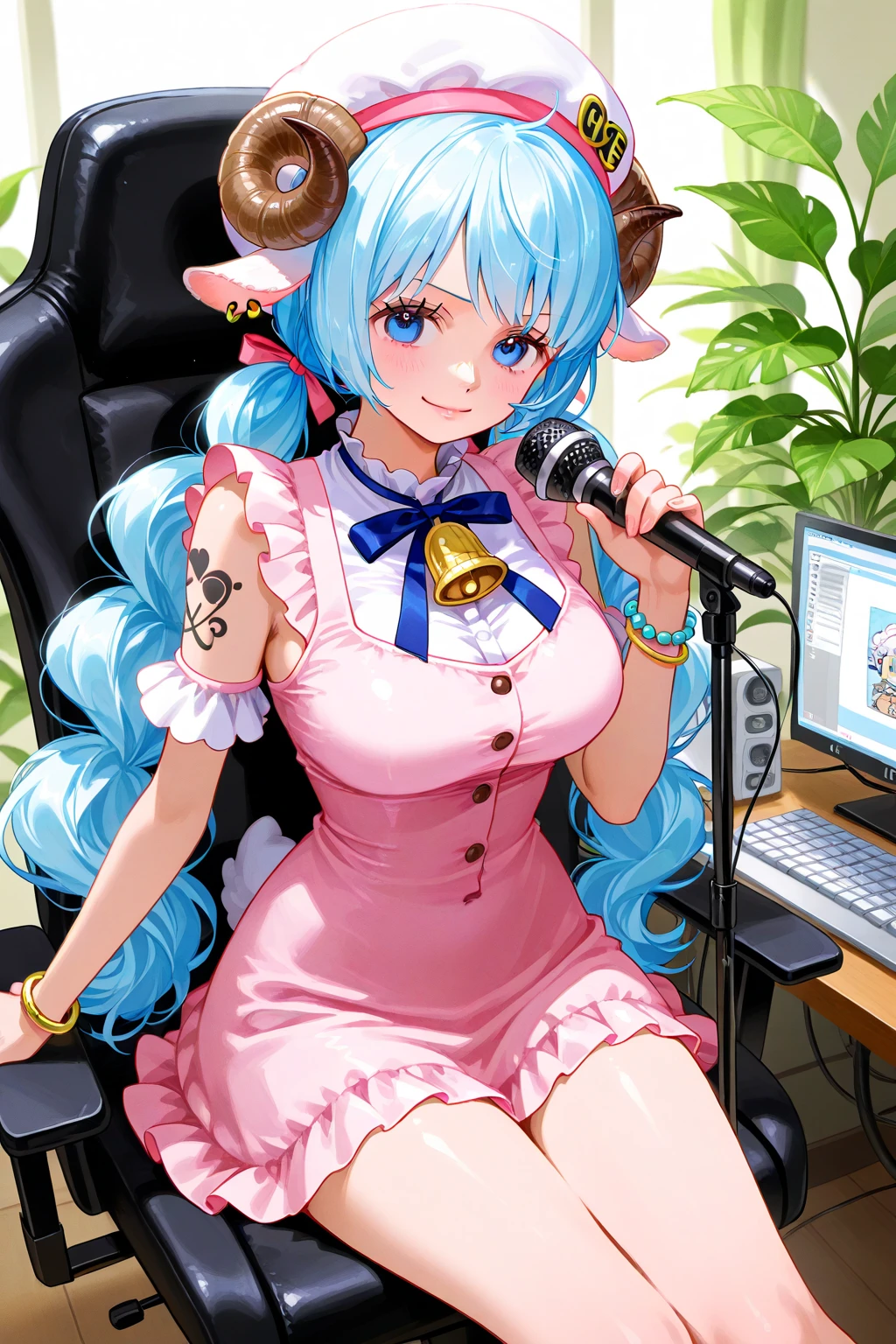 1girl, solo, (masterpiece, best quality:1.4),((best quality)), ((highly detailed)), masterpiece, absurdres, (detailed eyes, deep eyes), bunny girl, green hair, long hair, bangs, emerald eyes, white pupils, smiling, big breasts, deep cleavage, rabbit ears, headset, headphone's, ear piece, fake animal ears,rabbit tail, green leotard, detached collar, green bow, bare shoulders, black pantyhose, wrist cuffs, excited expression, smiling, teeth, front of the computer doing a Twitch livestream, the girl is a Twitch streamer, Twitch streamer/gamer, Speaking into the microphone, highly detailed background, the microphone is close to the girls head, (Background: Indoors, in a room with green and yellow lighting, desk, chair, microphone, mouse, keyboard, There are multiple computer monitors), sitting on a chair, depth of field, UHD, masterpiece, best quality