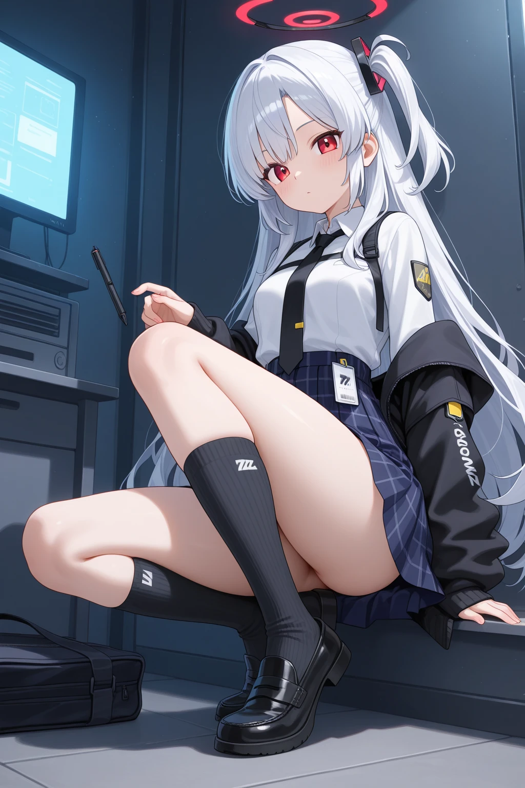 ((nikkeadmi)),nsfw,((solo girl)),((Perfect body,))((Super beautiful,))((High quality,)), (sweaty,wet fullbody,)Steam,blush,Shiny,love hotel room,thigh-high socks,cowboy shot,(pov, Looking at Viewer,),small breast,half open eyes,collar,((Pleated skirts that are too short and expose underwear,Lift up the hem of her skirt to show off her crotch)),((white jacket,vest,very short pleated skirts,Pleated skirts that are too short and expose underwear,)),spread legs,white sexual underwear,(Show off your crotch by opening your crotch in a crouching posture,)squatting and straddling,