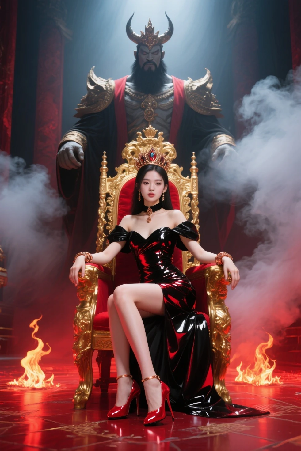 Kpop idol Jennie Kim, seating on a black throne in a red stage ready to perform her solo song