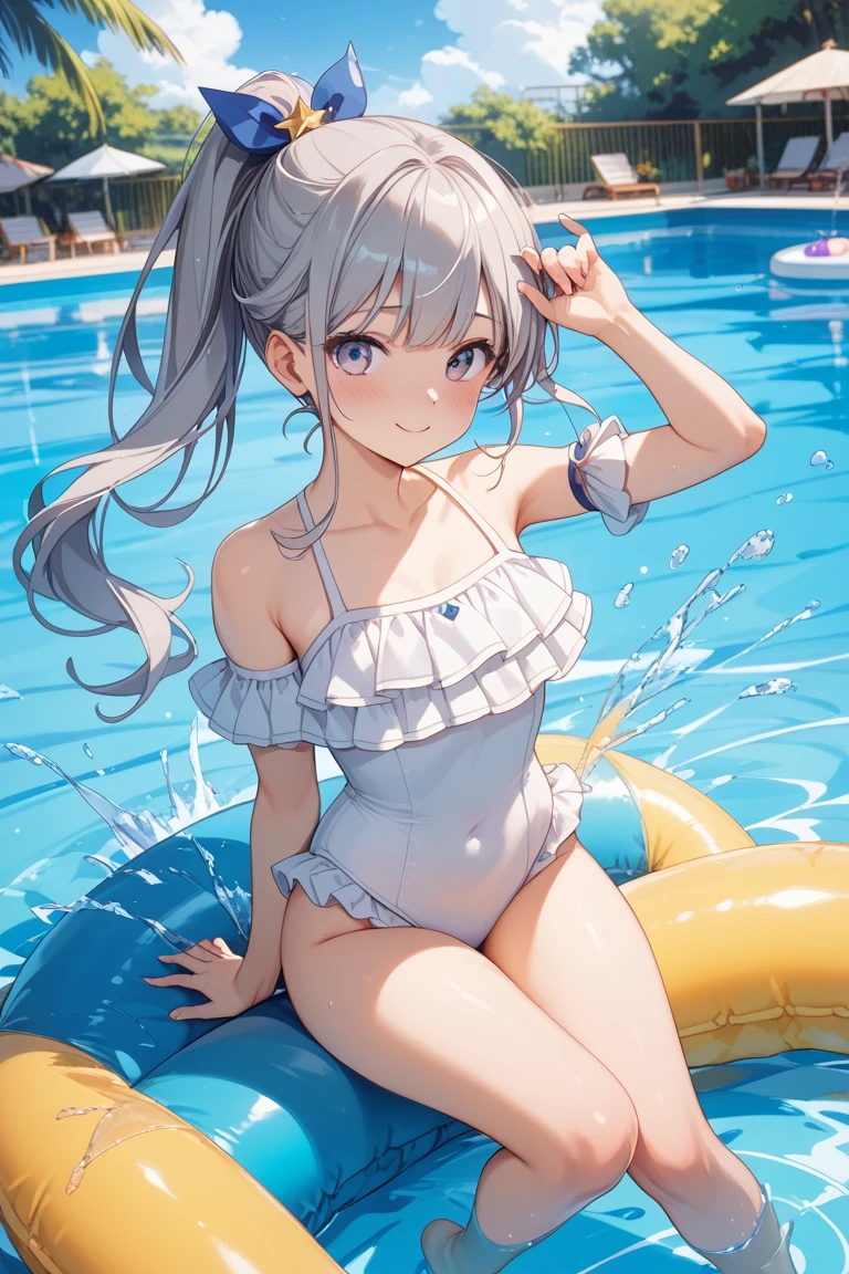 (best quality, masterpiece1.8), cutepainting, a woman in a bathing suit in the water, wet swimsuit, is wearing a swimsuit, water armor, blue scales covering her , in water up to her shoulders, stands in a pool of water, swimsuit, scales covering her , wearing two - piece swimsuit, neko, with blue skin, deep blue skin, water demon, silver hair (ponytail)