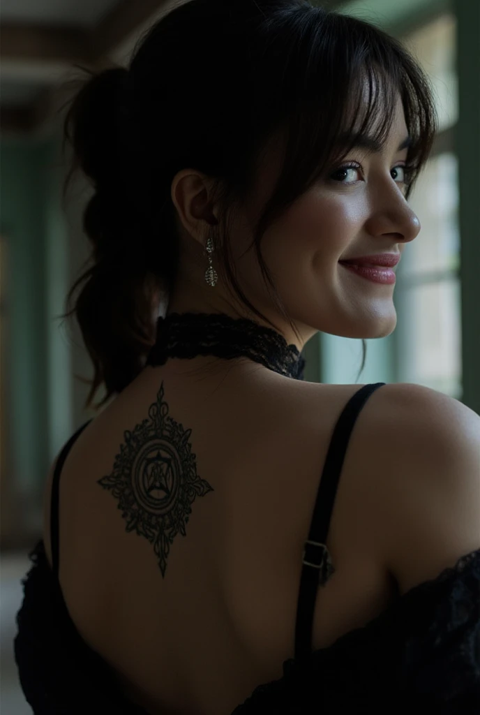 Portrait of a brunette girl with delicate features,. A tattoo on the décolletage area "Bell" dark flowing hair, Plump lips, slight smile, Eye Map