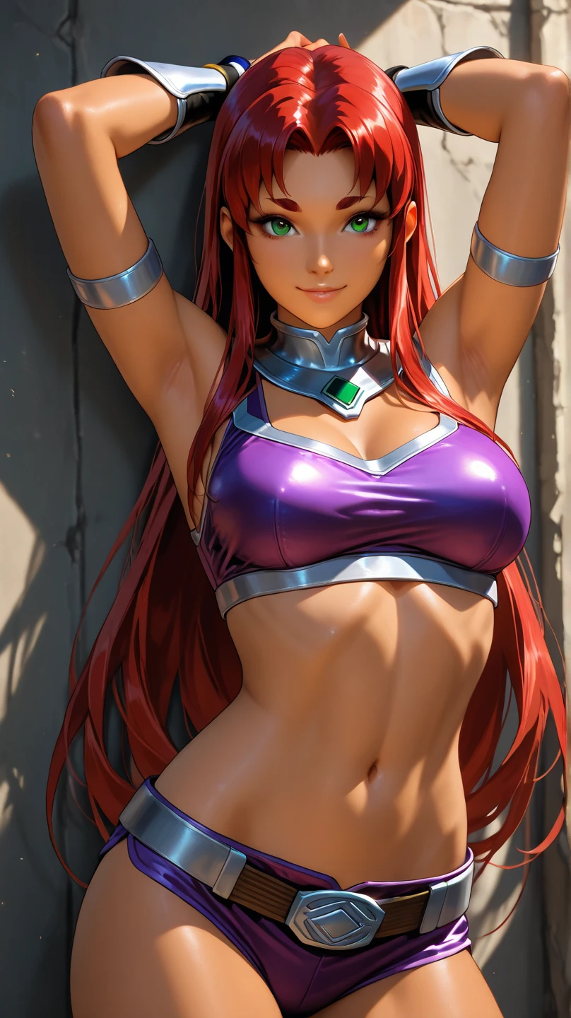  score_9_up, score_8_up, score_7_up, Starfire, starfire from teen titans, teen titans style, with big breast, lean body, wearing strapless mini bodycon dress, squatting down, legs spread wide apart, panty visible, looking at viewer, shy, embarrassed, seductive_pose