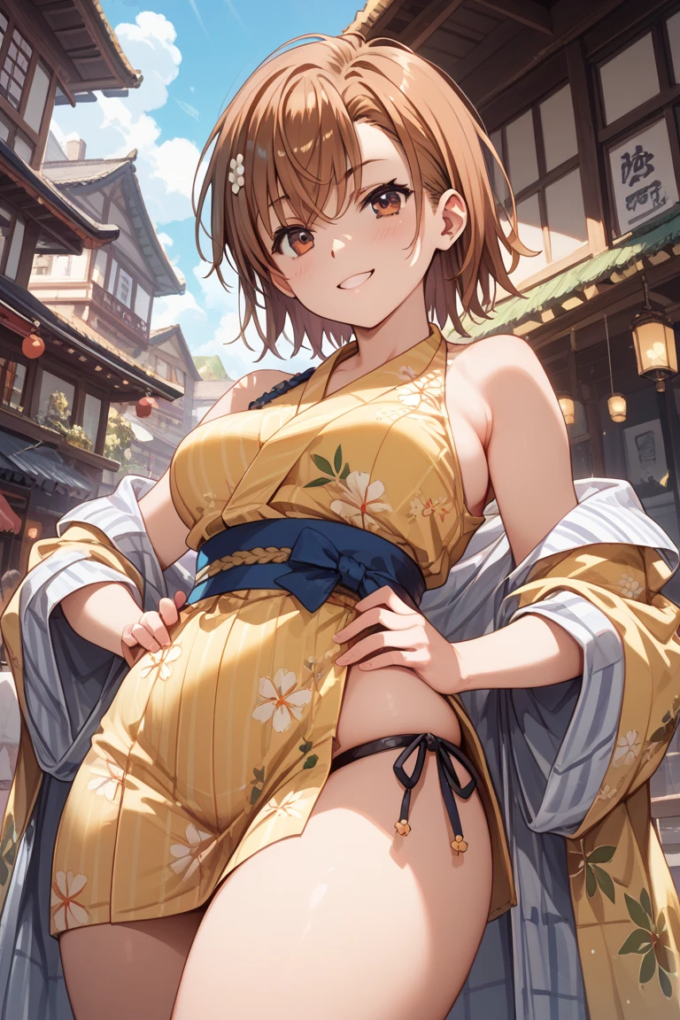 NSFW,(One girl:1.5),natsuiro matsuri,One Side Ponytail,yukata,kimono,leotard,(Perfect hands),(Perfect Anatomy),(masterpiece),(highest quality),Embarrassed,blush,Shrine at night,Festivals,stall,Outdoor