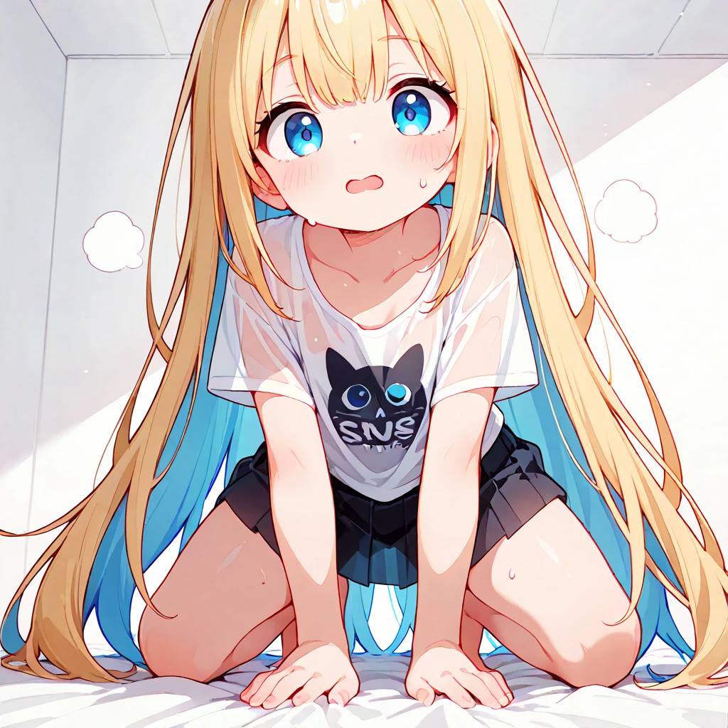 anime girl with long blond hair. cat ears. Blue eyes. In short green t shirt, white underpants. Sitting on bed push legs apart. (Blush 8) (smile 4) (moaning 5)