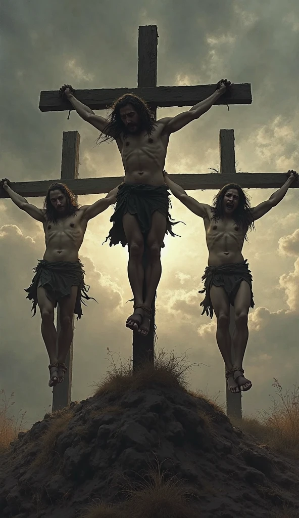 Three woman whose hand and feel nailed in the wooden cross without clothes and wear a small gold clothes tied around the waist, wear gold stocking, and wear a flower crown on the head