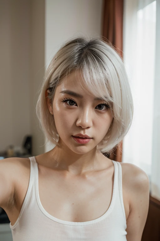 Plano detalle, Young woman of 20 years, asian girl, asian factions, French Bob style hair, dyed white hair, ojos marrones, Looking at the camera, retrato fotorrealista, enorme detalle, piel blanca, ropa de calle, cara ultradetallada, estilo de imagen hiperrealista, en un estudio de fotografia, el fondo es un color uniforme con degradado, luz central, luz realista, fotografia profesional, 4K