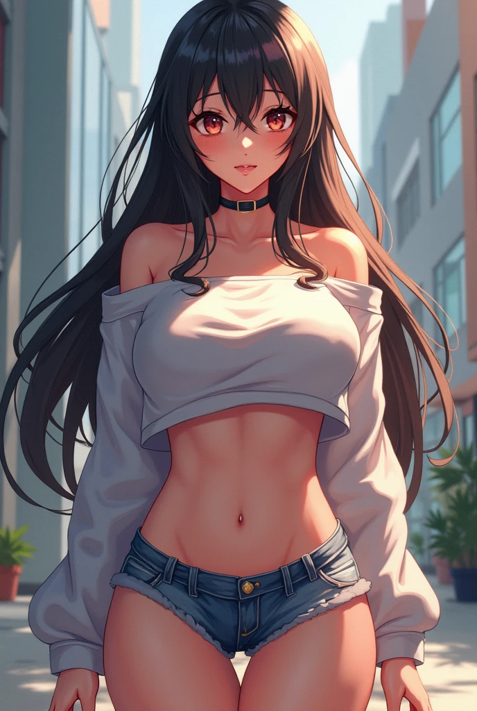 ((best quality, ultra-detailed, photorealistic: 1.39), bright and vibrant colors, studio lighting, romantic expression, An effeminate girl, with a delicate and beautiful face. She is a girl who reflects seductive beauty, sparkling eyes, extremely beautiful woman, a beautiful brunette woman, dark skin tanned with her dark blonder hair and symmetrical bangs, her large breasts seduce, her light dark pink eyes match her beautiful smile, wearing a k-pop style jacket, ripped denim shorts, with details on her clothes, like a manwha character, chain details,, walking in leaning pose in the room, seductive cleavage, manga style, anime features manga style, fully body , she is in love, anime style