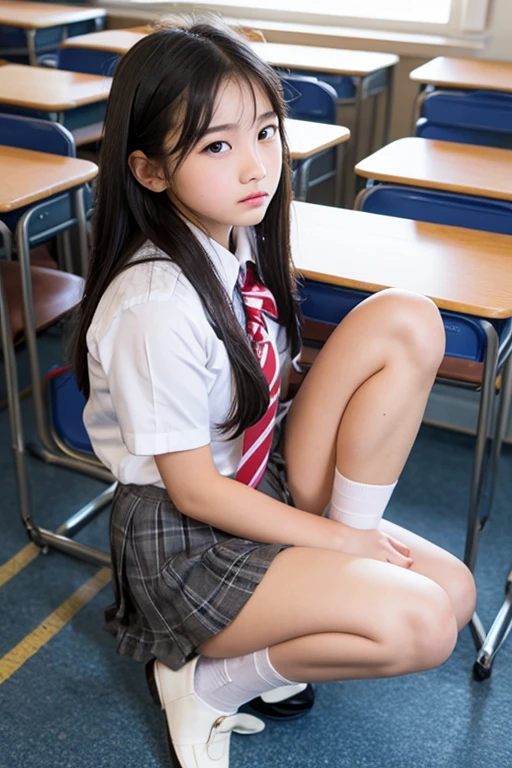 ((high quality,high resolution,High definition,8k)),School classroom,Baby Faced Girl,Long Black Hair,Red ribbon on hair,Navy blue long skirt,Japanese Sailor Suit,White slippers,White socks,Study desk learning,((((very cute)))),((School uniform or completely naked)),(((When you're naked perfect pussy))),
