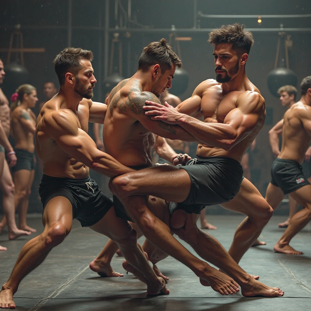 2 muscular handsome nude men (one asian, one European) lying on the floor oil wrestling sensually where one hand is cupping the other's penis , fully nude, handsome, on a strip club, drooling audience, aroused penis, showing penis, transparent outfit, see-through wet plastic g-string , handsome , big scrotum, erect penis, bulbous ass, bulbous penis tip , big bulge 
