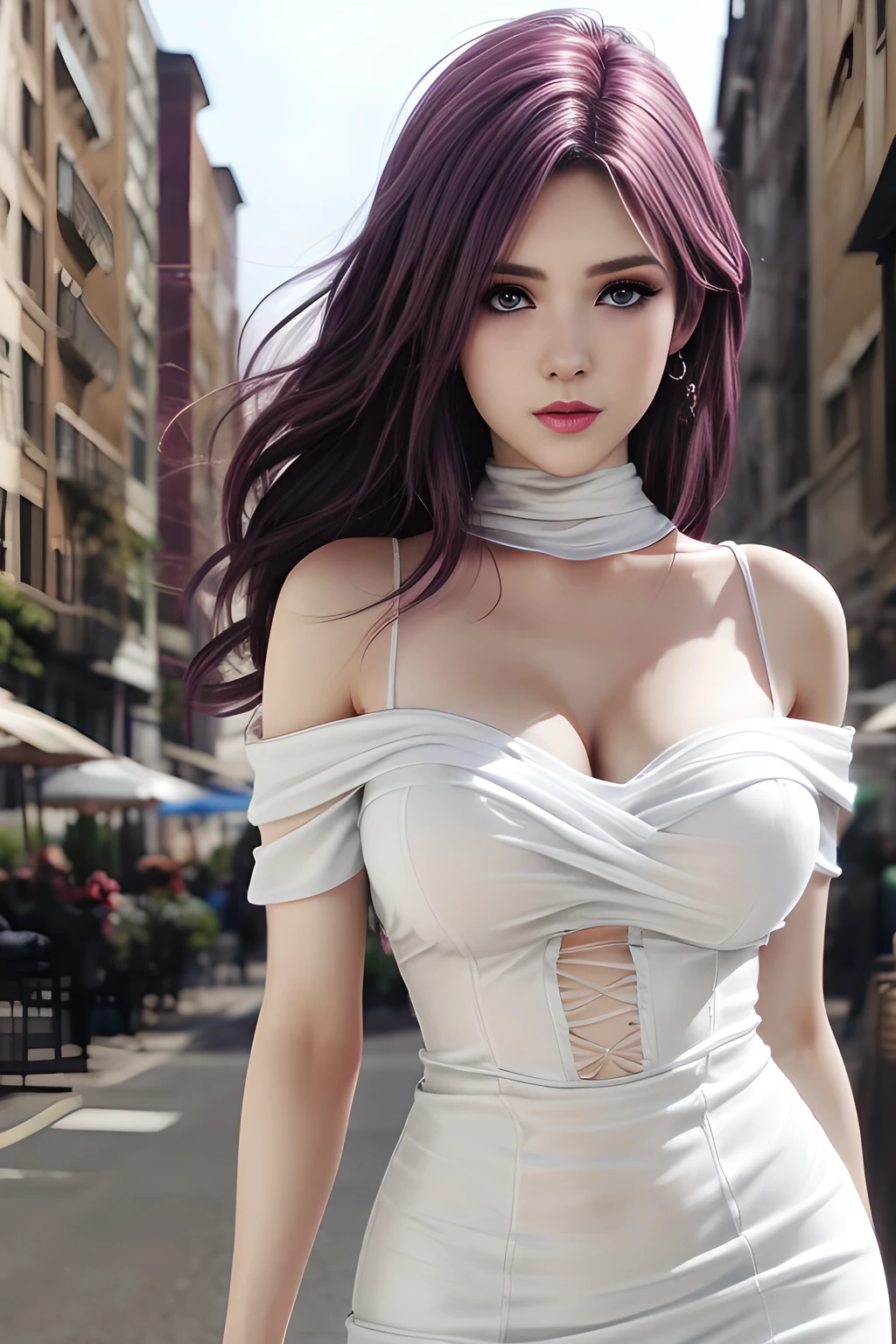 masterpiece, best quality, ultra high res,photon mapping,best shadow,portrait,beauty detail,ultra high detail,long purple hair,single braid,blunt bangs,medium breasts,city,chinatown,downtown,see through, short dress, low cut:2, hair ornament, earrings, necklace, portrait, silver dress:2, looking at viewer,solo,professional light, detailed skin,
